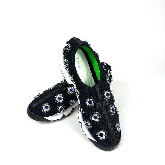 Dior Black Mesh Fusion Embellished Sneakers Size 39 Slip On Floral - Picture 1 of 15